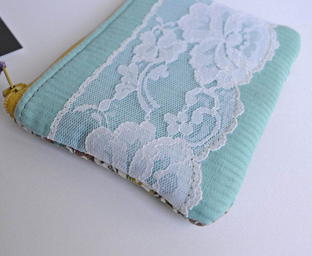 The Allison - floral vintage lace zipper pouch with zipper closure cotton and vintage canvas