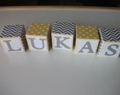 Wooden Name Blocks - Chevron - Gray Yellow - Elephants