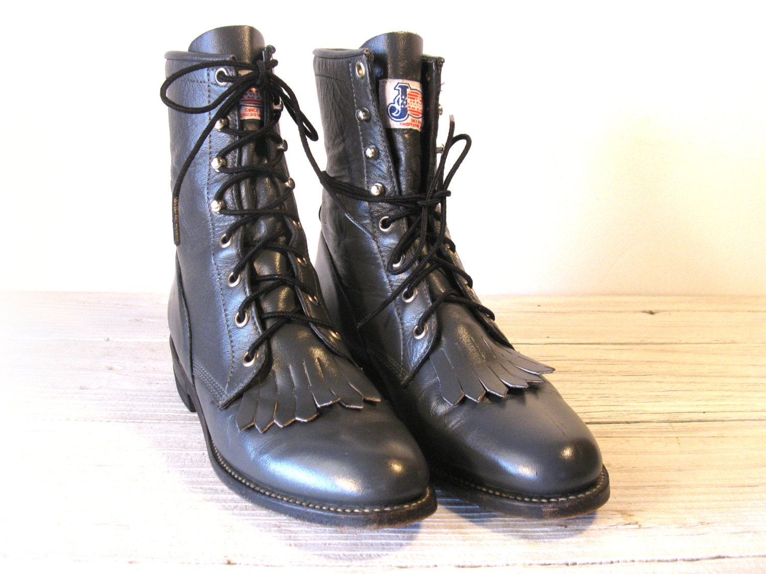 JUSTIN Dark Gray All Leather Lacer Roper Cowboy Boots, Women's size 6 B