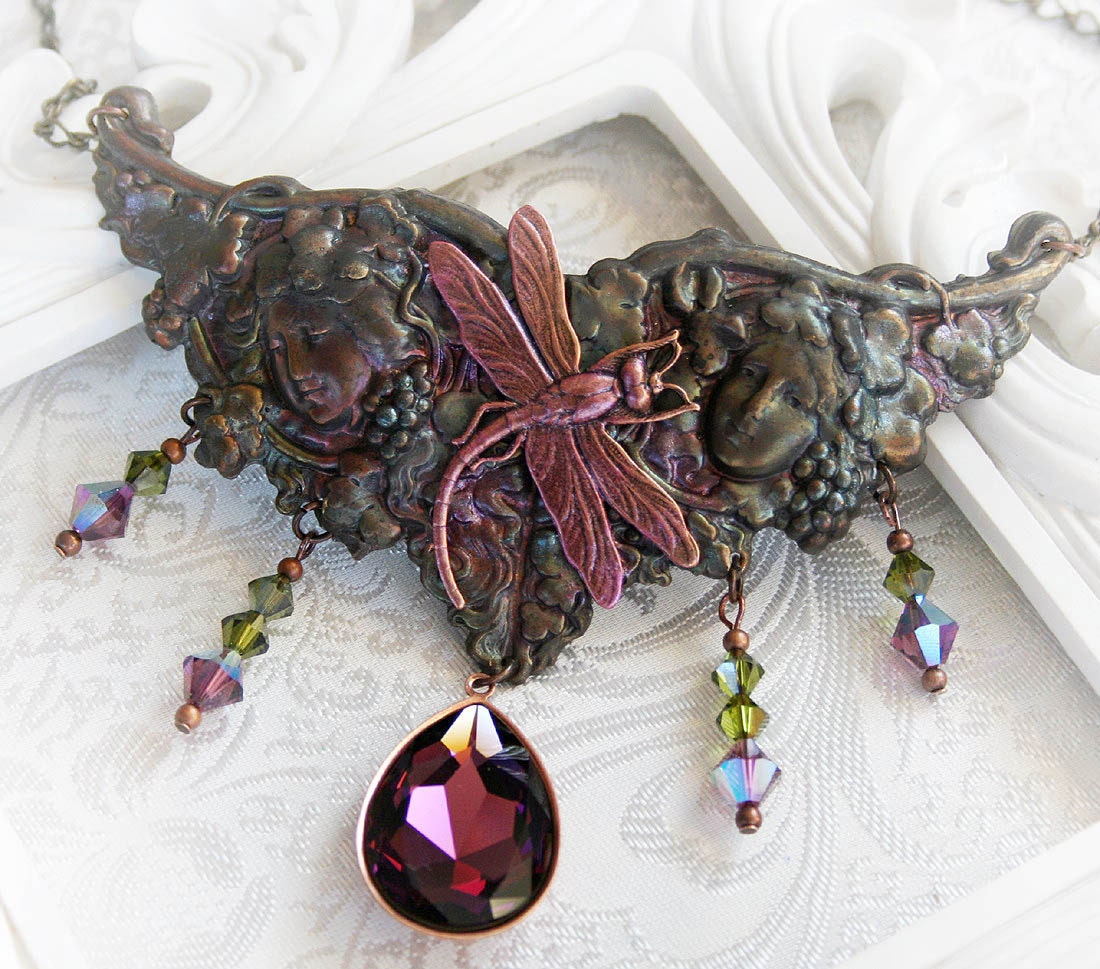 SECRET GARDEN romantic art nouveau dragonfly necklace with Swarovski amethyst crystal, free gift boxing