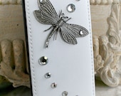 DRAGONFLY DREAM Victorian steampunk iPhone 4, 4G, 4s case, faux white leather flip case with jeweled embellishments