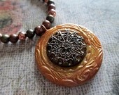 Pendant Necklace Beaded Jewelry Handmade Polymer Clay Vintage Button Mixed Metals Metallic Hand Stamped Woodland Modern Statement