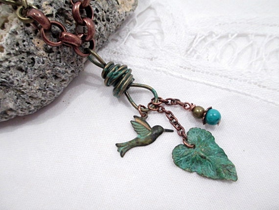 Hummingbird Necklace Recycled Beaded Jewelry Lariat Necklace Handmade Turquoise Blue Ivy Leaf Nature Retro Vintage Garden