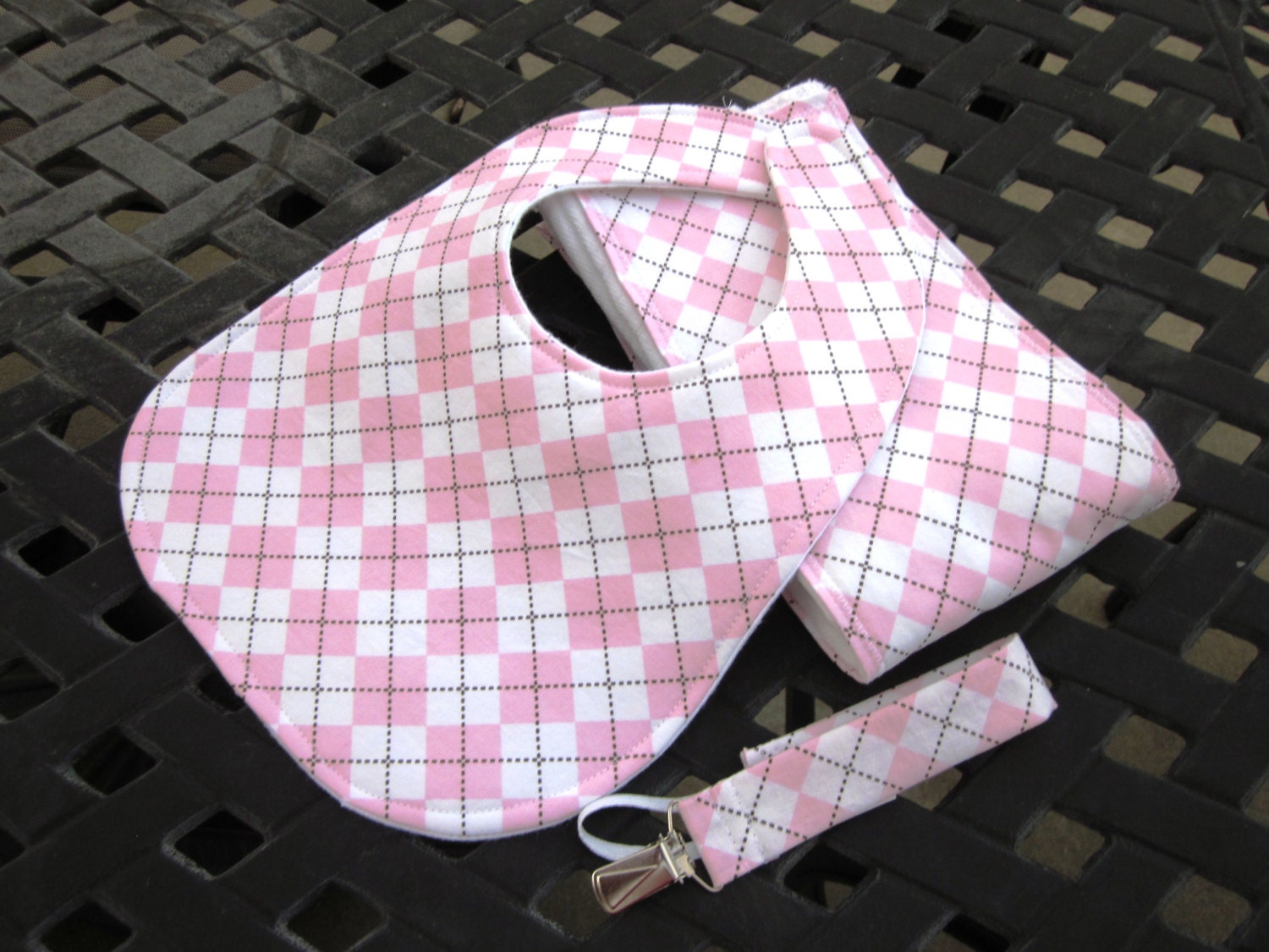 Baby Girl Gift Set - Pink Argyle - Bib, Burp Cloth, Pacifier Clip