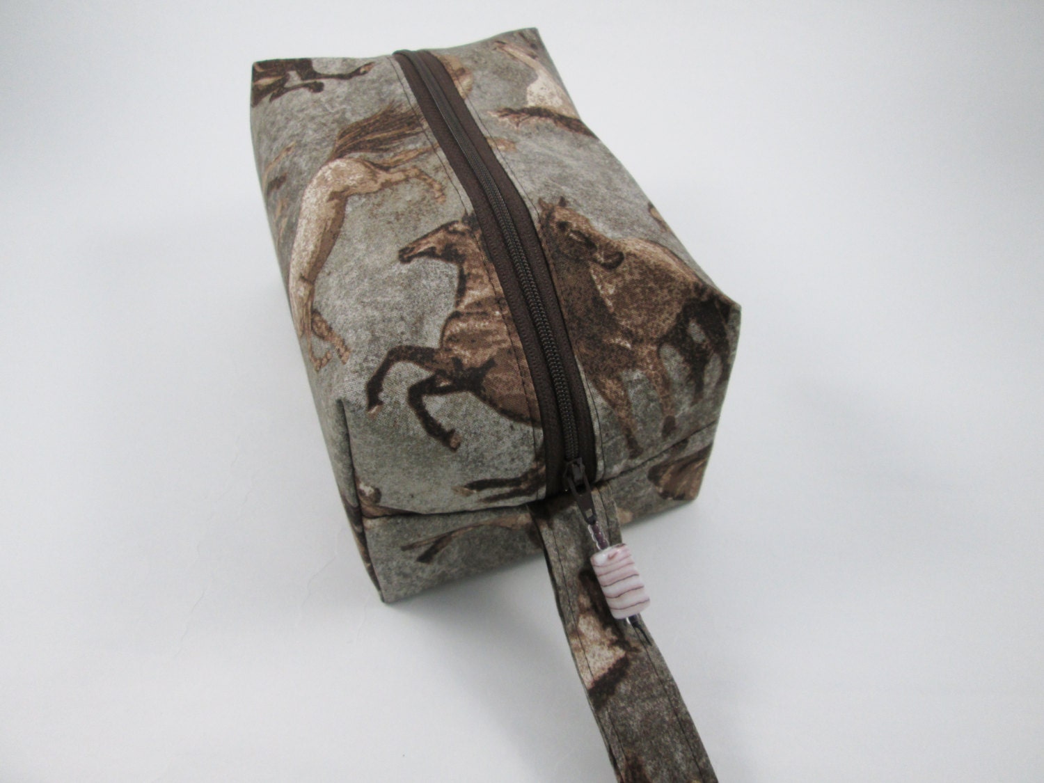 Small Zippered Project Bag - Wild Horses with glass bead zipper pull