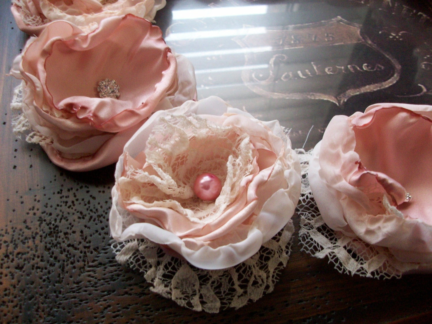 Fabric Flowers-Set of 12 Vintage Look Fabric Flowers with Pearl,Crystal, and Rhinestone Centers-Custom Colors