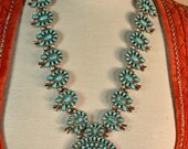 Vintage 70s Navajo Silver Turquoise Old Pawn Squash Blossom Native American Necklace Zuni Cluster Style