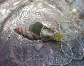 Teal green sea glass, wire wrapped on a cone shell with a Labradorite and peridot  gemstone beads-FREE SHIPPING-