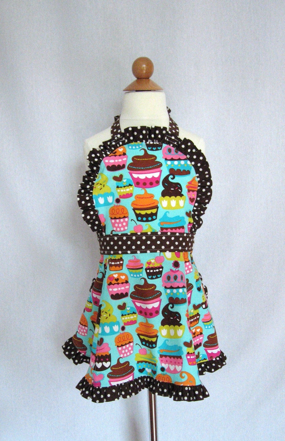 Little Girl's Ruffled Apron with Cupcakes in Turquoise Blue- Michael Miller Sweet Treats