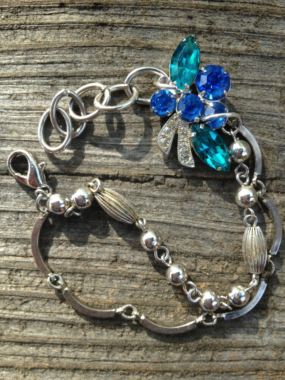 Vintage Bracelet Rhinestone bangle silver chain upcycle recycle repurpose