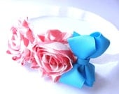 Flower Headband- Pink and White Striped Shabby Flower with Turquoise Bow- Newborn, Infant, Toddler, Child, Teenager or Adult