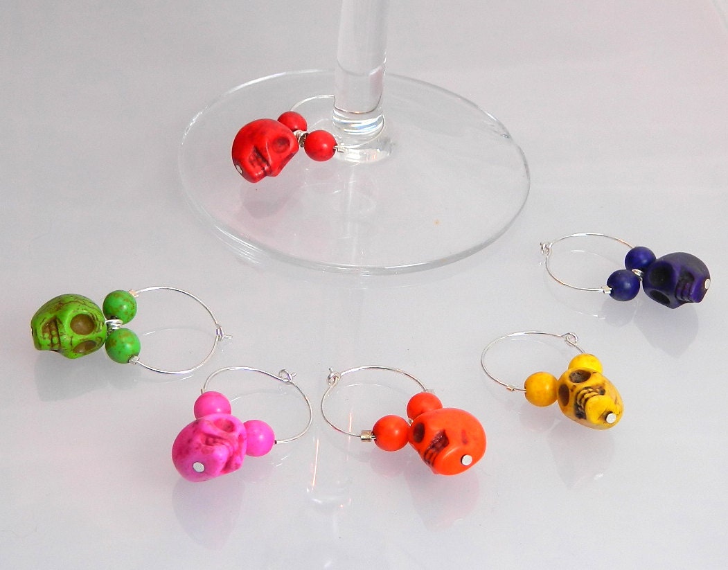 Wine Charms, Howlite Skull, Round Howlite Beads, Silver Rings