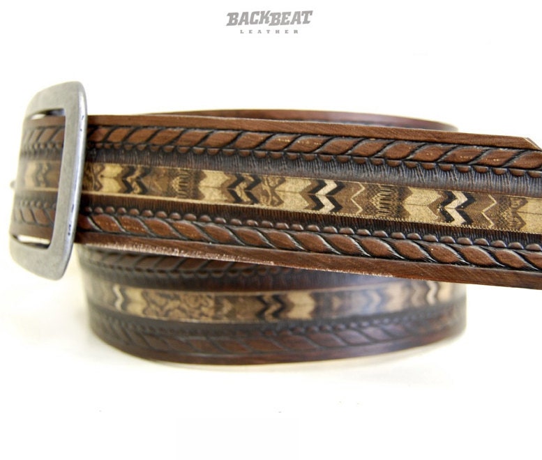 Native American Belt for men and woman / Embossed brown leather belt