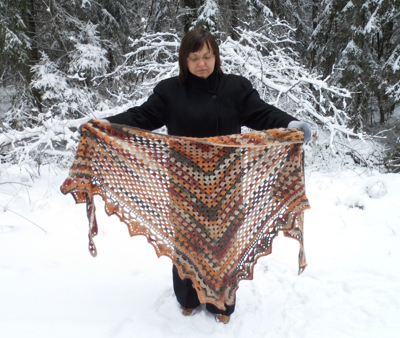 Crochet Shawl, Handmade Triangle Shawl, Winter Accessory in Autumn Colors