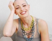 ON SALE Bib fiber necklace crochet / Necklace cotton blue lime olive green / Statement textile jewelry / Spring fashion / Fiber art necklace