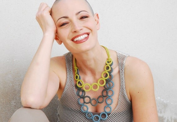 ON SALE Bib fiber necklace crochet / Necklace cotton blue lime olive green / Statement textile jewelry / Spring fashion / Fiber art necklace