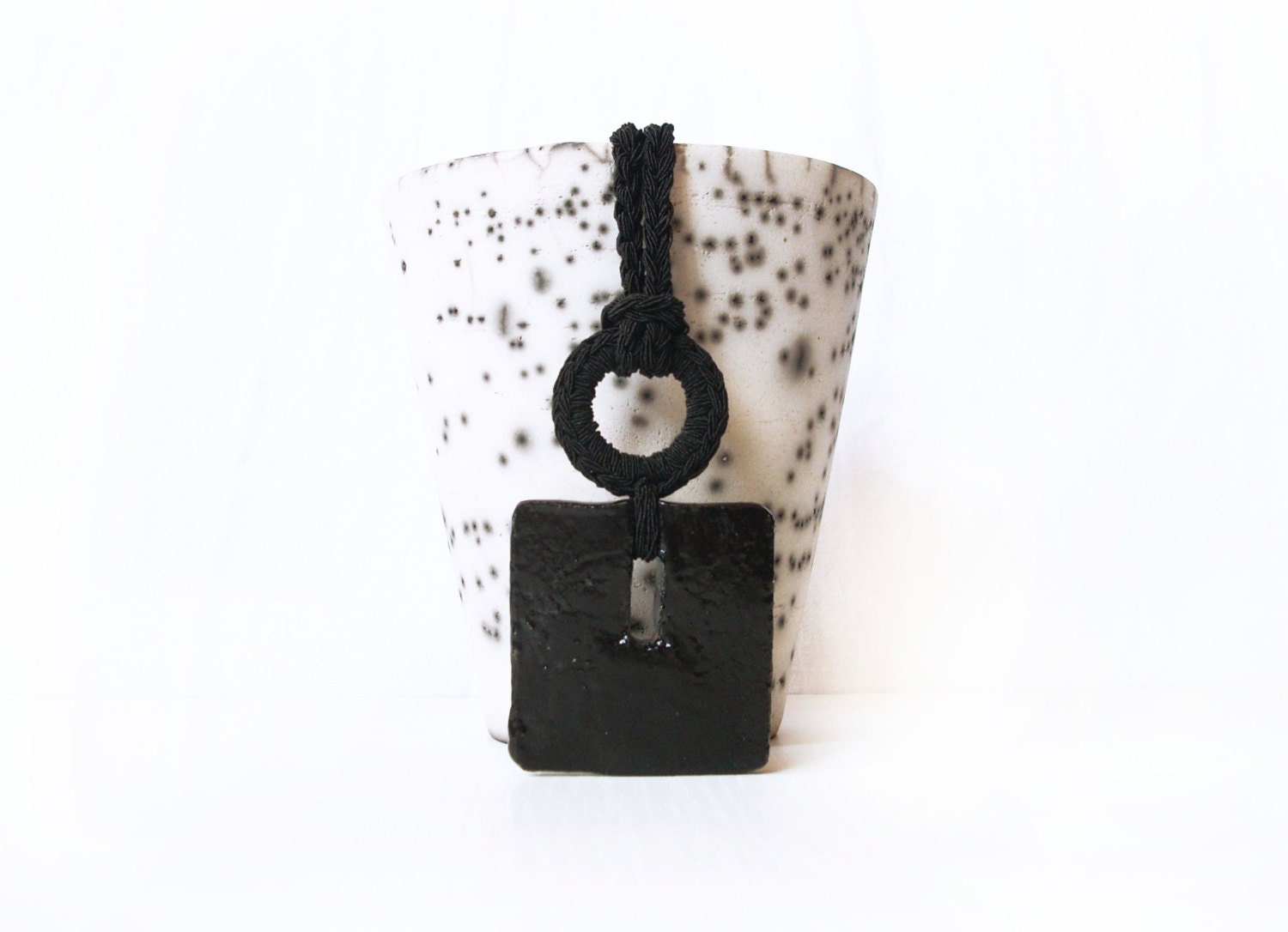 Black charm necklace / Ceramic jewelry / Crochet necklace square pendant / Dark jewelry / Modern geometric jewelry / Gift for her
