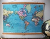 Large Canvas Vintage Style School Map with Wood Trim  - World Map (32"x24")