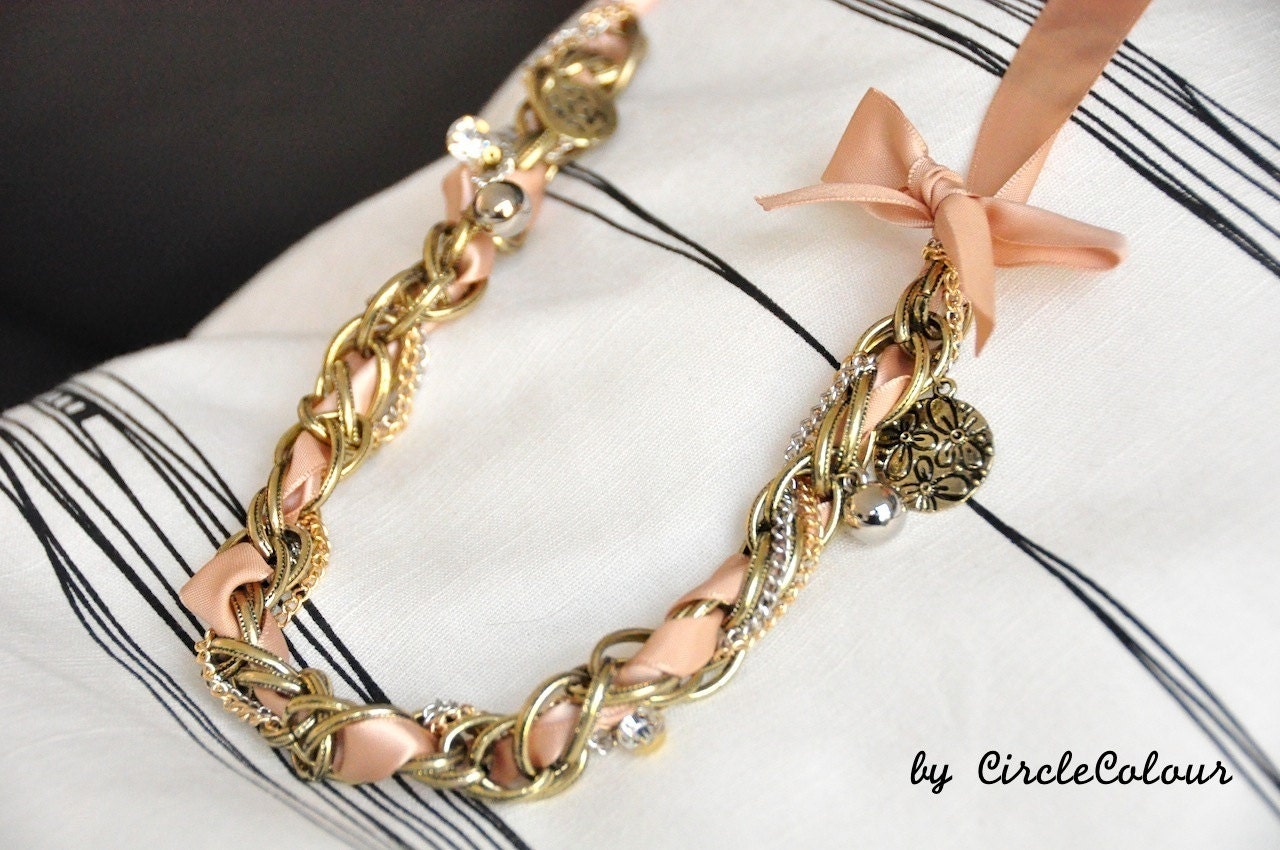 Ruffle Chain & Ribbon Long Necklace - Adjustable Ribbon