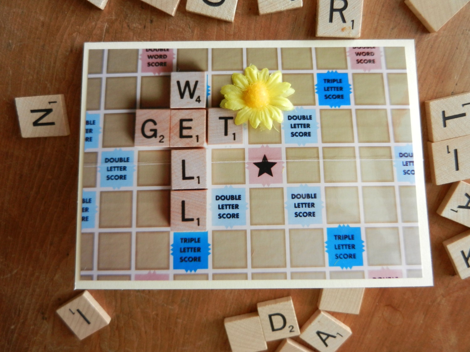 Get Well handmade Scrabble or Words with Friends Greeting Card with flower embellishment