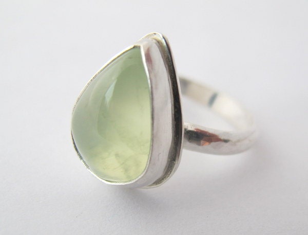Sterling Silver Ring with Natural Prehnite Gemstone/ Tear Drop Ring/ Handmade/ size 7.5