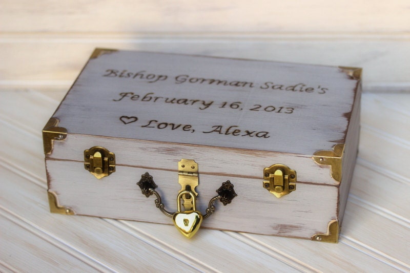 Personalized Childs Memory Keepsake Box Baby's First Time Capsule With Heart Lock and Key (YOUR COLOR and Message CHOICE)