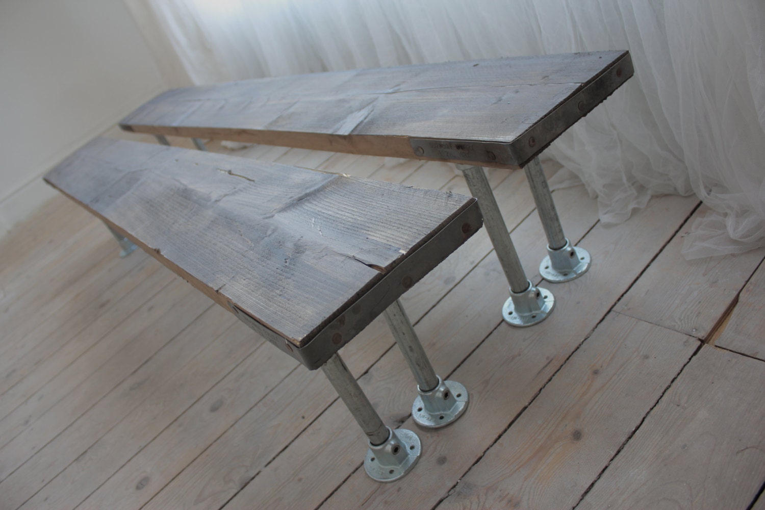 Pair of Reclaimed Grey-washed Scaffolding Board and Galvanised Steel Pipe Benches - Bespoke Urban Industrial Furniture