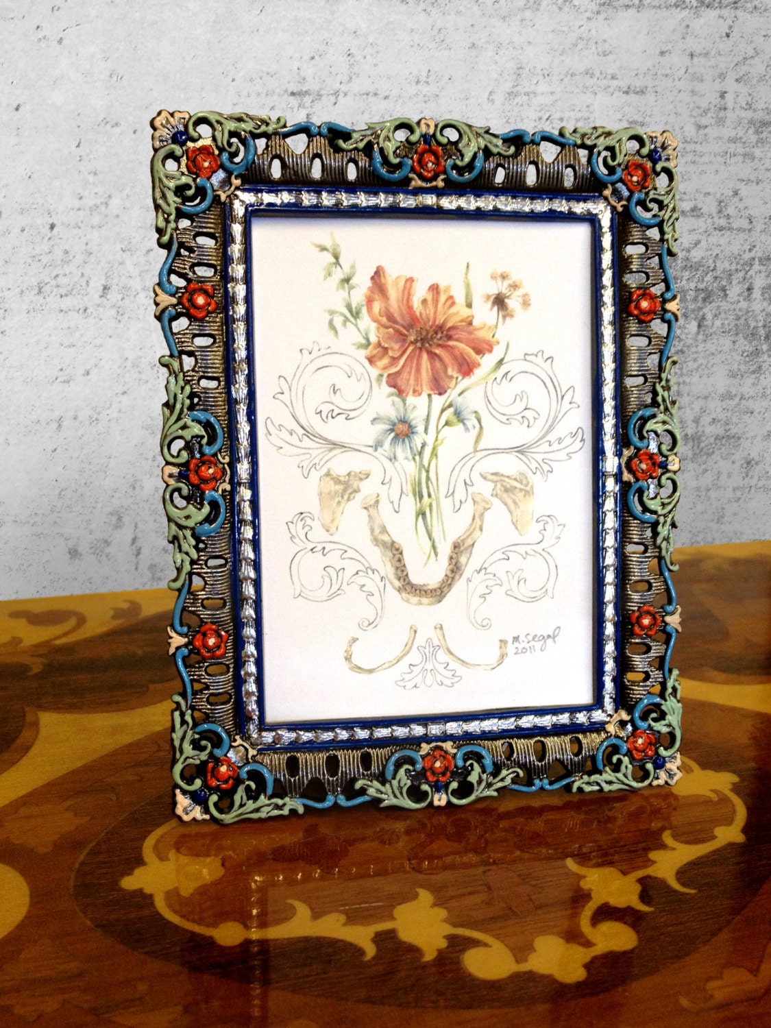 ONE of A KIND mini "Mandible Bouquet" illustration in hand-enameled floral metal frame