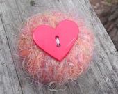 pink and orange rag doll recycled pin cushion handcrafted dryer lint yarn wrapped unique quirky fun red heart sewing notion eco friendly