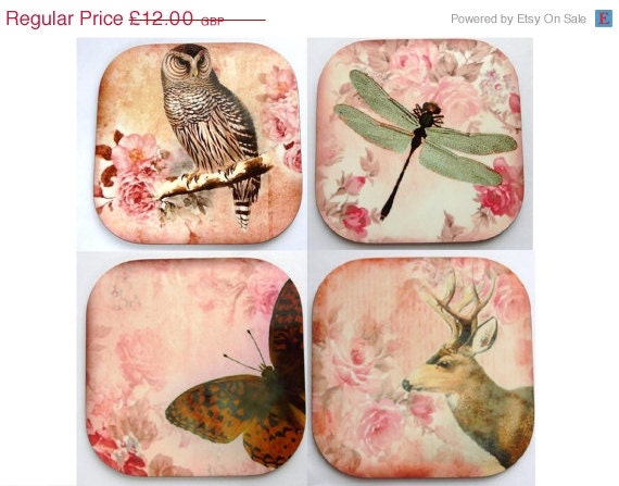 ON SALE Owl Coaster, Deer Coaster, Dragonfly Coaster, Butterfly Coaster, Set of 4, Nature, Animal, Shabby Chic