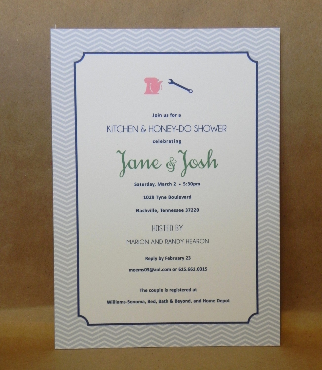 Fun and Modern Kitchen and Tool Shower / His and Hers / Chevron / Bridal Shower / Preppy / Custom Design by Darby Cards