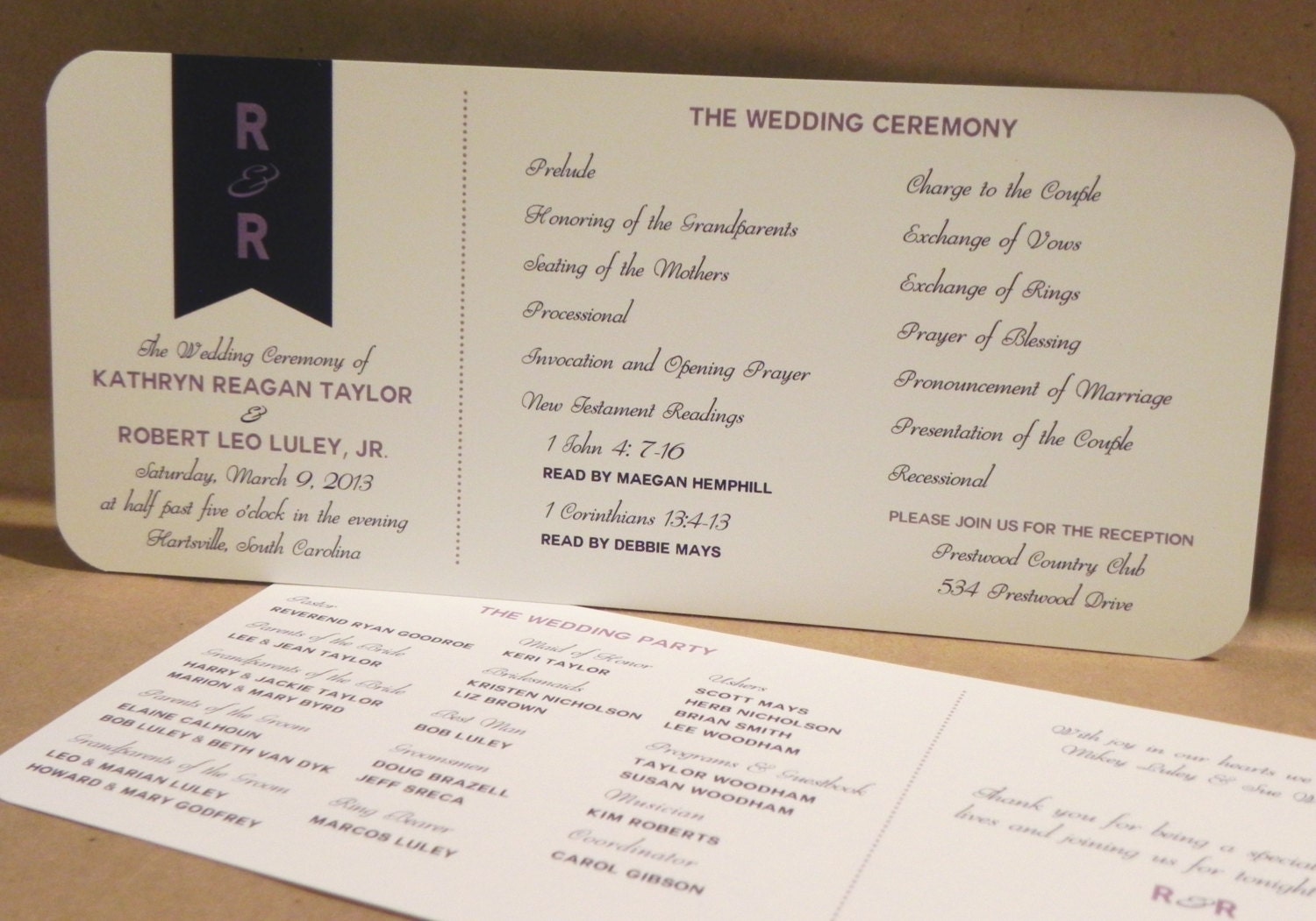Faux Ribbon / Horizontal Wedding Program / Navy / Lavender / Church / Outdoor / Wedding Ceremony / Party / Custom Design by Darby Cards