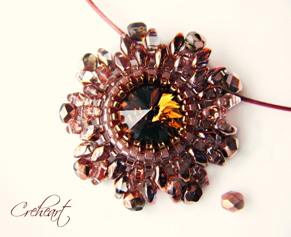 Handmade beadwork - Swarovski Pendant with Superduo and Czech Crystal beads - African Sunset