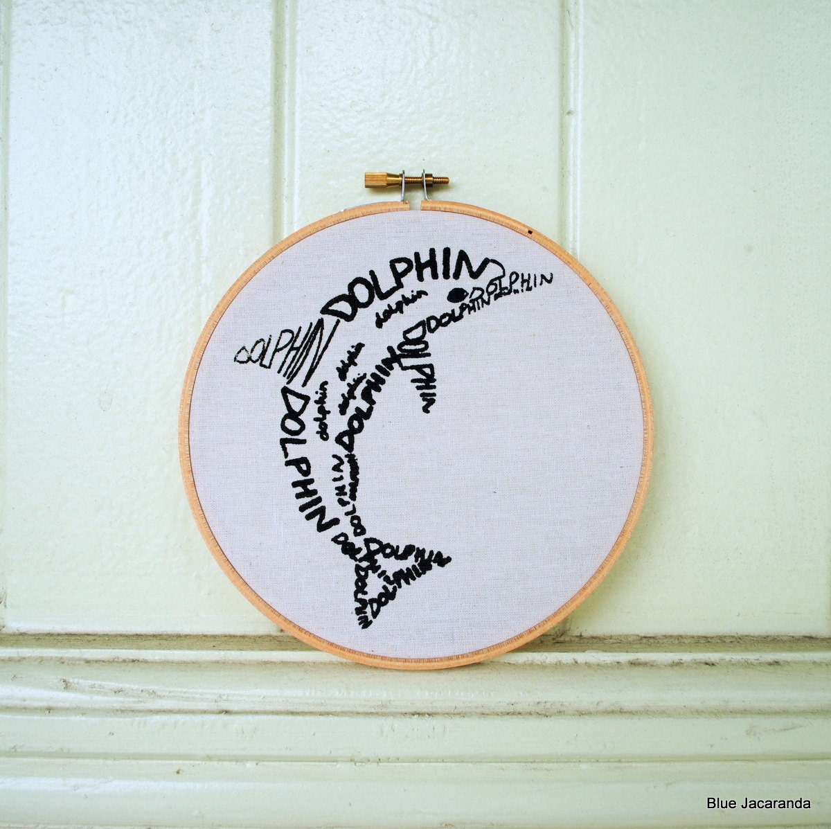 Dolphin Word Art - Screen Print Black on White - Stretched in Hoop