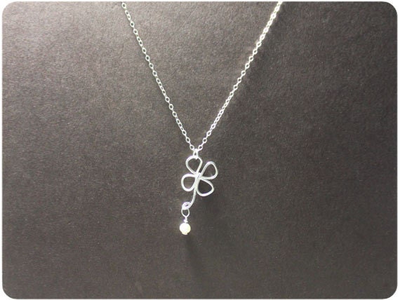 Little Four Leaf Clover - Sterling Silver Pendant Necklace w/ Fresh Water Pearl, four leaf clover necklace