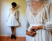 Vtg Sheer Neck Off White Lace Trimmed Belted Dress