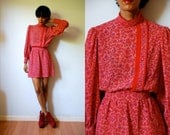 Vtg Red Silk Floral Print Mandarin Collar LS Belted Dress