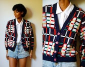 Vtg Retro Colorful Plaid Navy White Red Button Down Sweater