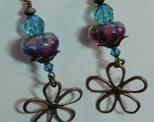 Turquoise, teal and deep fuchsia antique brass earrings with big flower dangles and crystals