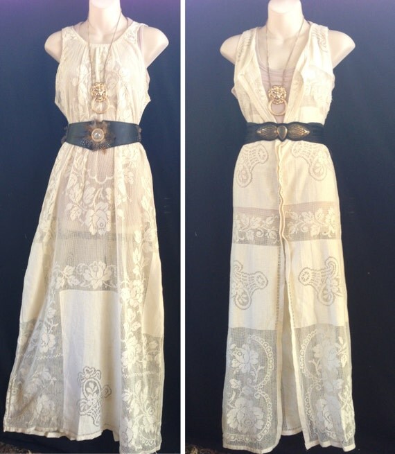 handmade from VINTAGE crochet lace deepv plunge maxi dress or vest, boho gypsy ONEOFF hippie dress, butterfly kaftan batwing sleeves