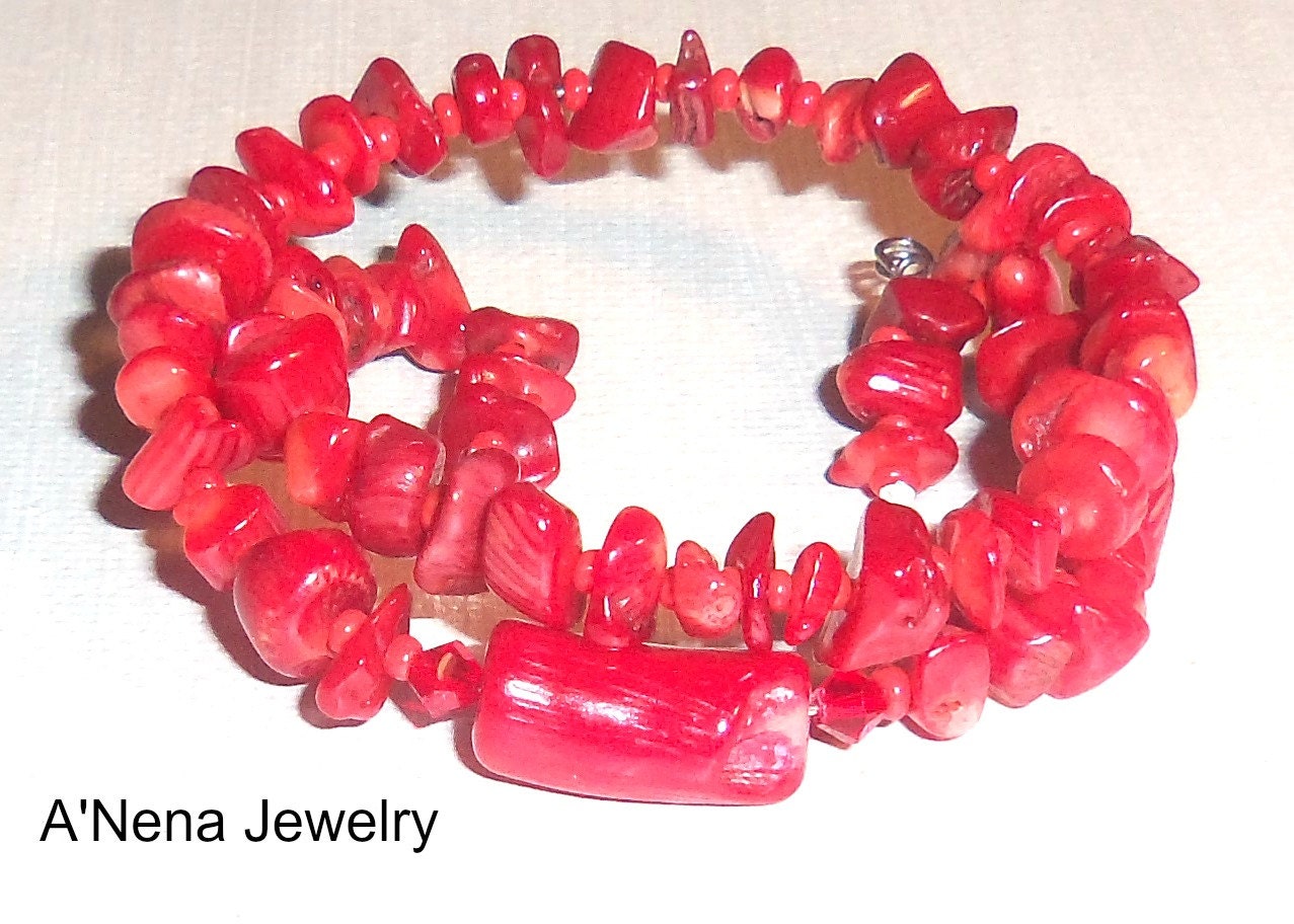 Rafiki Bracelet Coral & Swarovski Crystal and set on  Silver Plated Memory Wire For both men and women