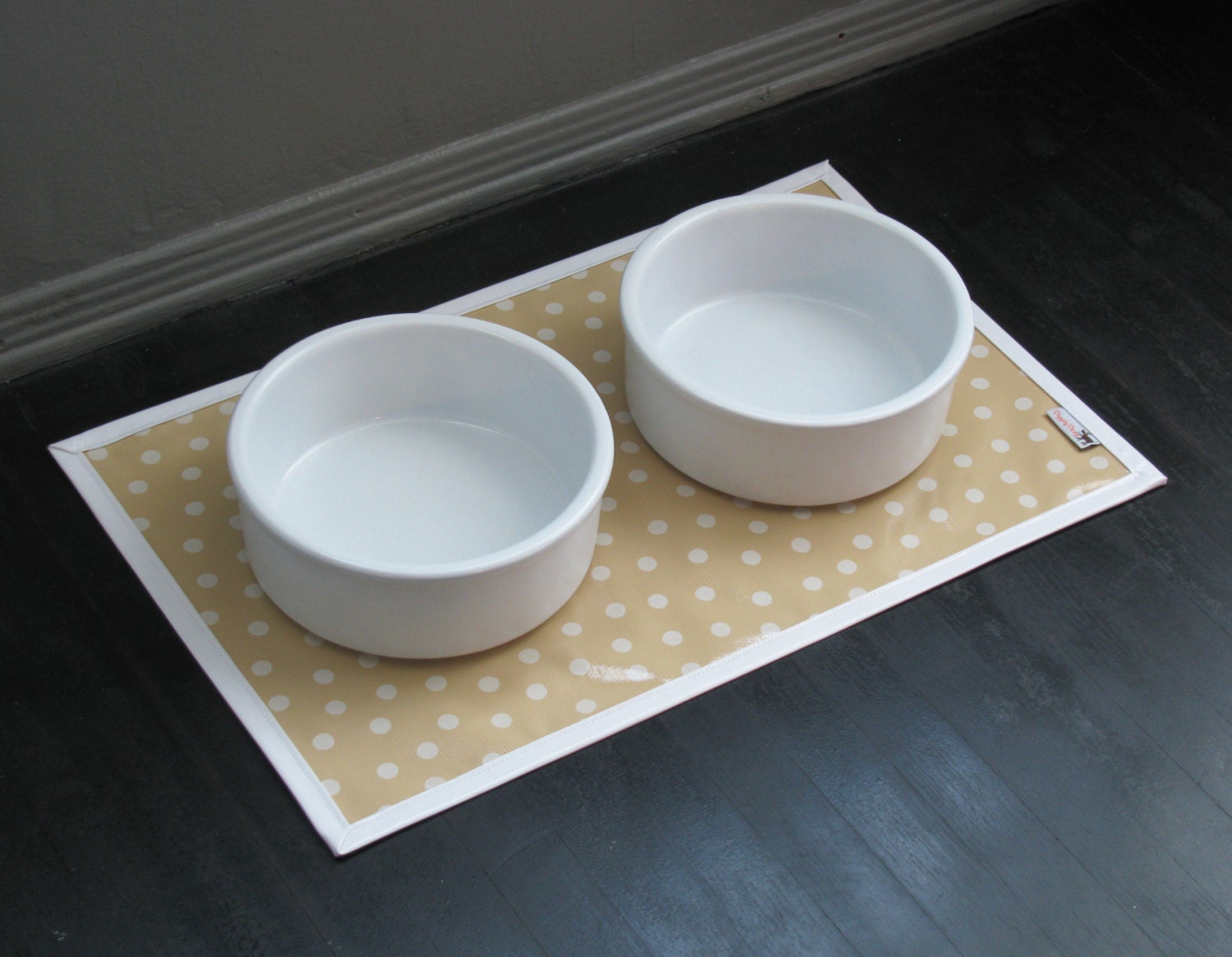 Tan & White Polka Dot Pet Placemat with Solid White Border