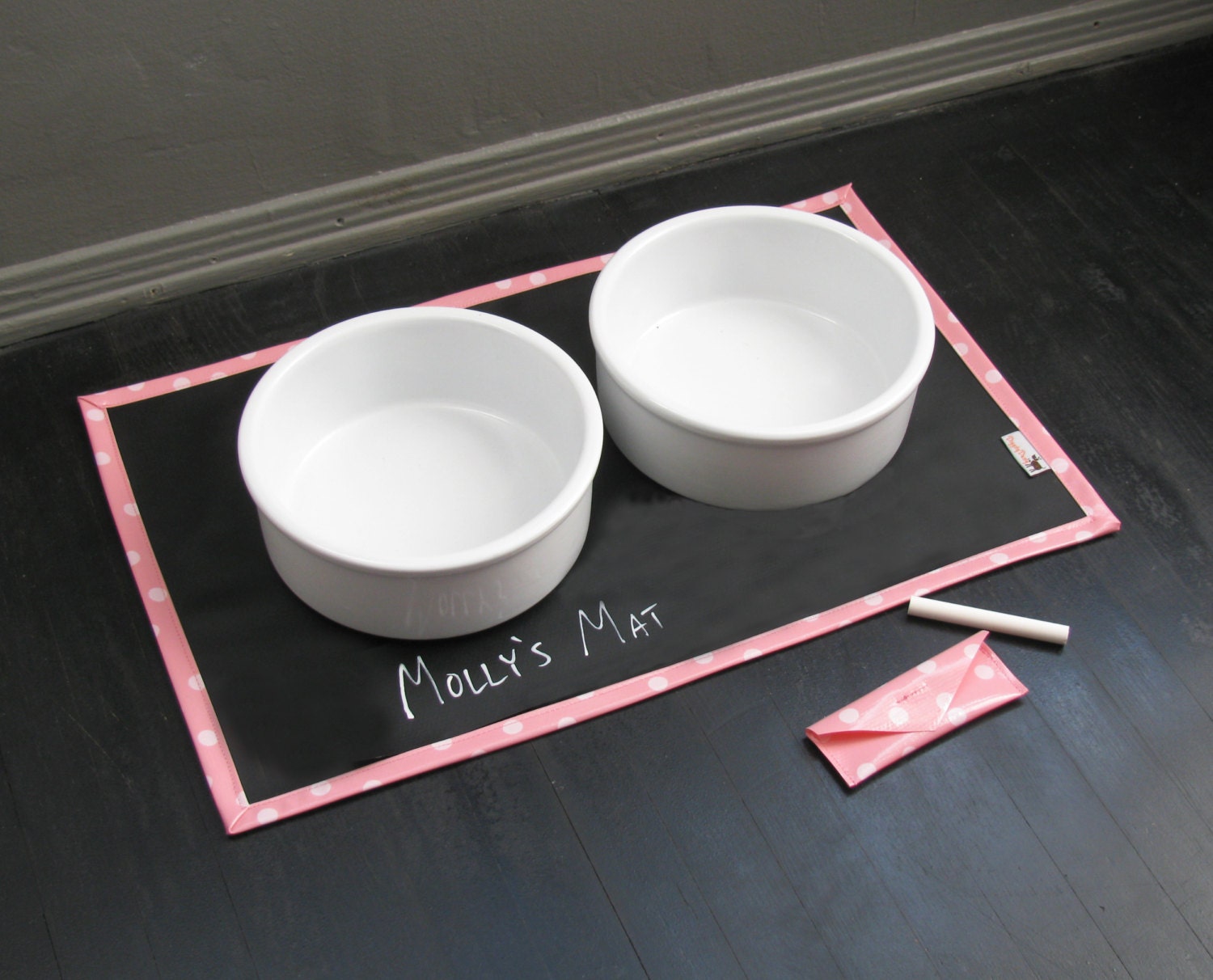 Chalk Cloth Pet Placemat with Pink Polka Dot Border