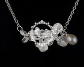 vintage matte silver ochid flower fresh water pearl tear drop pendant charm choker necklace bridal gift jewelry