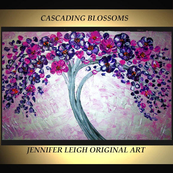 Original Large Abstract Painting Modern Contemporary Canvas Art Silver Purple Pink Blossom Tree 36x24 Palette Knife Texture Oil J.LEIGH