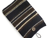 iPad Mini Sleeve, Brown, Dark Navy Blue and Cream Striped Felted Wool, Upcycled, Kindle Fire Cover, eReader Case
