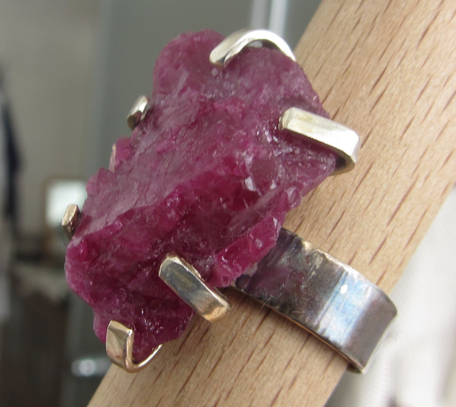 Raw Uncut Ruby Ring - Silver Rough Ruby RIng - Size 9