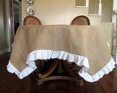 108"x66"  Burlap Table Cloth with White Torn Linen Ruffle