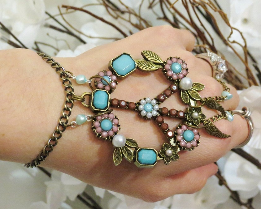 Peace, Statement, Slave Bracelet Ring, Slave Bracelet, Nature, Hippie, Freshwater Pearl, Pearl, Aqua, Faceted, Floral, Bracelet Ring, Beach