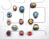Road Signs with Magnets, European Traffic Symbols, Play for Magnetic Chalkboard, Eco Toys, Gift Idea for Boys, Painted Beach Stones